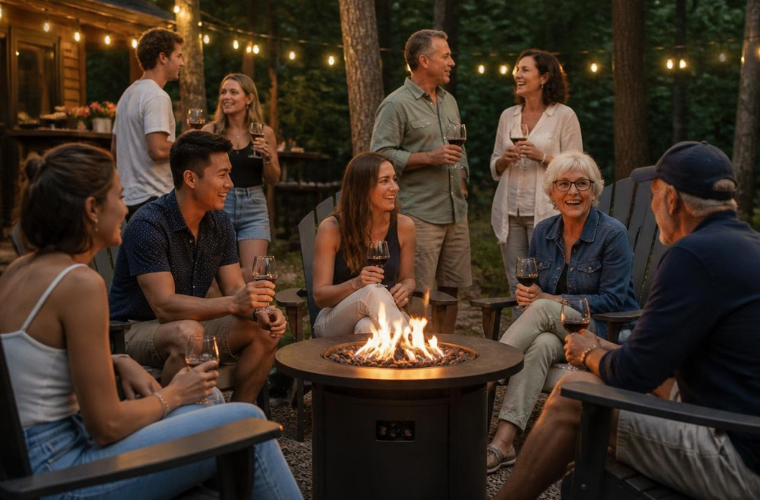 People visiting around a fire pit People visiting around a fire pit